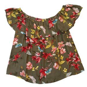 Maeve Anthropologie Off Shoulder Floral Top Size Medium Olive Green Butterfly